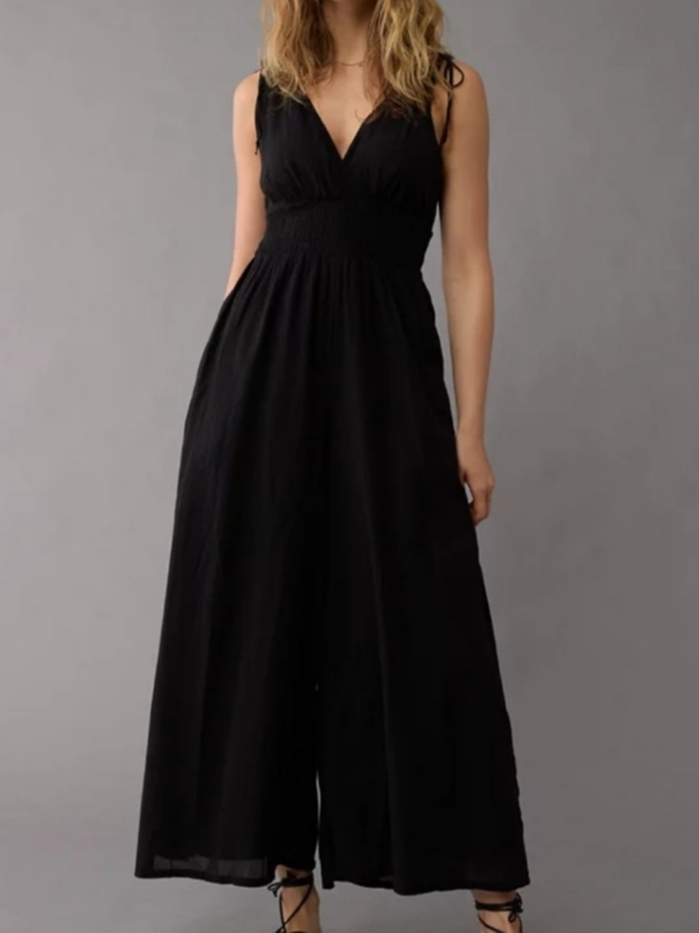 American Eagle Black Gauzy Cotton Wide Leg Jumpsuit Size Medium
